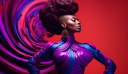 African woman in a colorful haute couture dress, with  hair up and makeup in the futuristic style posing on purple background