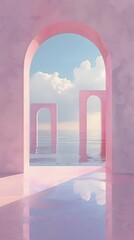 Minimalist Pink Archway Leading to a Serene Sea A Dreamlike 3D Render Landscape with a Tranquil Gradient Sky and Reflective Water Floor