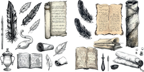 Sketch literature writing, writer feather and ink sketch illustration - obrazy, fototapety, plakaty