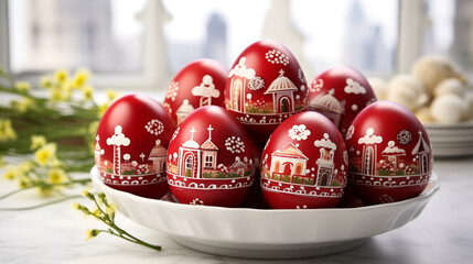 Photo of Greek Orthodox Easter celebration, traditional red eggs decorated with white patterns.