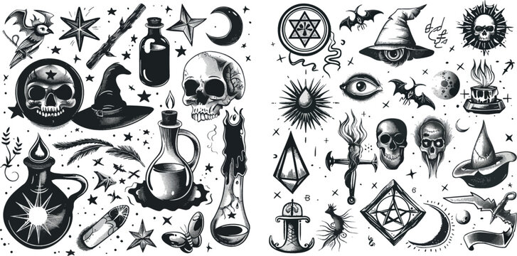 Witch magic symbols. Tattoo alchemy and esoteric, witchcraft magician