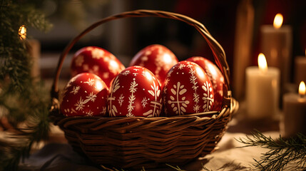 Photo of Greek Orthodox Easter celebration, traditional red eggs decorated with white patterns.