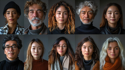 Photo collage portrait of multiracial smiling people of different ages looking at the camera