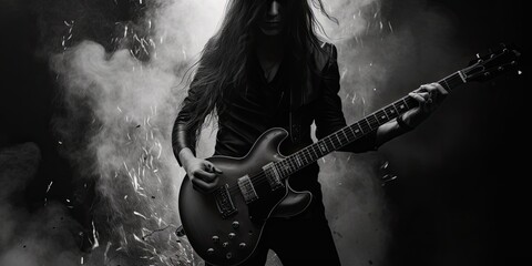 Amidst a storm of distortion, a heavy metal musician shreds on the guitar, captivating the audience with blistering solos
