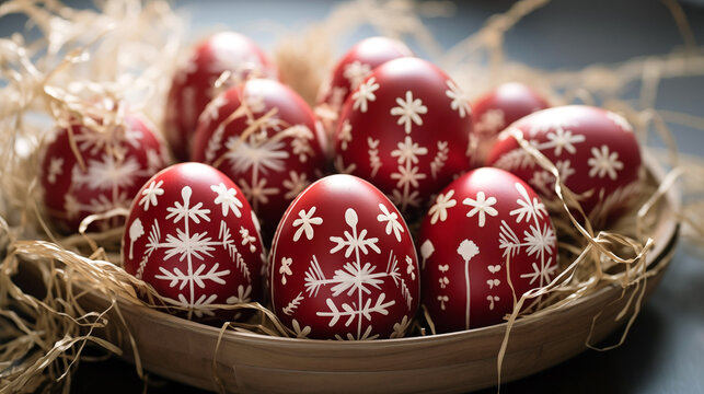 Photo of Greek Orthodox Easter celebration, traditional red eggs decorated with white patterns.