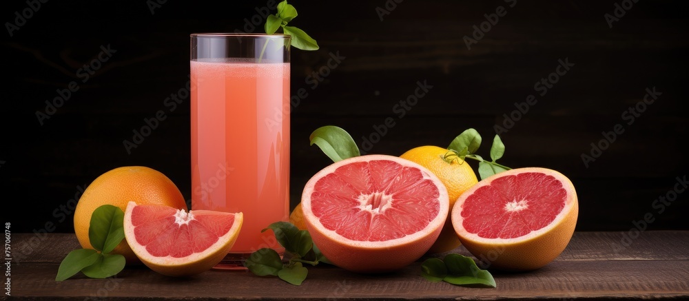 Poster A few grapefruits and a glass of fresh grapefruit juice are displayed on a wooden table. The citrus fruit is a natural ingredient full of liquid and nutrients