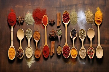 traditional spices and herbs on wooden spoons
