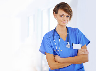 Pride, arms crossed and portrait of nurse in healthcare for clinic, support and life insurance....