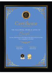 Elegant black and gold blue diploma certificate template with luxury badge and modern line pattern. For award, business, and education needs. Use for print, certificate, diploma, graduation 