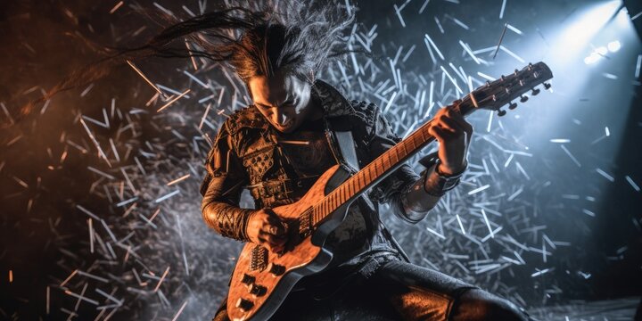 With fingers flying across the fretboard, a heavy metal guitarist delivers powerful riffs that reverberate through the air.