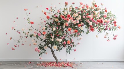 Professional photograph of falling roses with a white wall on the background. 