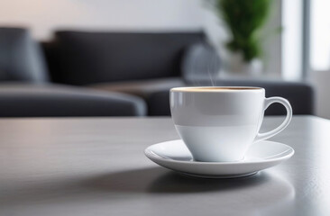 Fototapeta premium White copyspace cup. Cup in light interior on the table