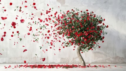 Professional photograph of falling roses with a white wall on the background. 