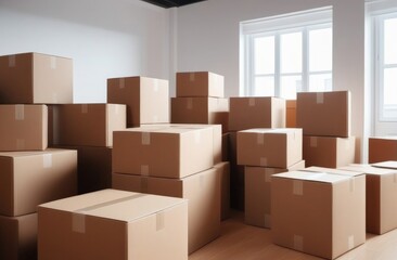 Cardboard boxes in a bright room. Moving concept. Boxes in a room a place for text