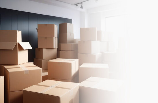 Cardboard boxes in a bright room. Moving concept. Boxes in a room a place for text