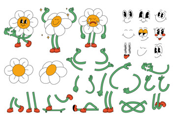 Vector set of groovy comic faces vector. Collection of cartoon daisy flowers character faces, leg, hand in different emotions happy, angry, sad, cheerful. Hippie character © oxygen_8