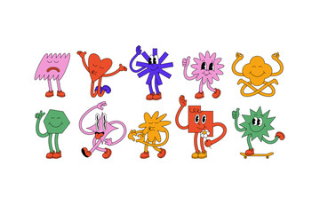 Vector illustration set of cartoon geometric shapes characters ?n retro style. Groovy stickers with different emotions for social media
