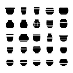 Vector set of black silhouettes of ceramic flowerpots isolated from background. Collection of clay pot silhouettes icons for pottery workshop