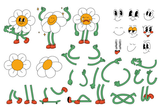 Vector set of groovy comic faces vector. Collection of cartoon daisy flowers character faces, leg, hand in different emotions happy, angry, sad, cheerful. Hippie character