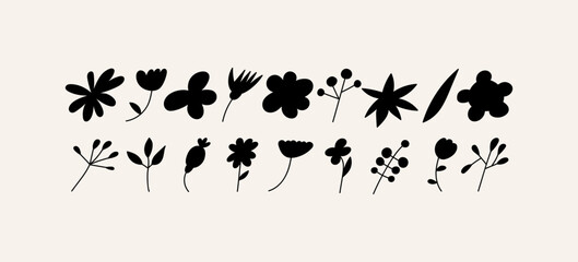 Vector illustration cartoon black flowers branches. Groovy stickers for print or social media