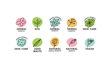 Vector linear set logos and labels template design for natural products and organic cosmetics. Outline marks for eco products
