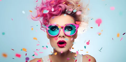 Poster Creative photography, fashion closeup portrait of young woman with colorful confetti © Oksana