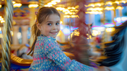 Obraz premium Smiling Girl Enjoying Carousel Ride at Amusement Park