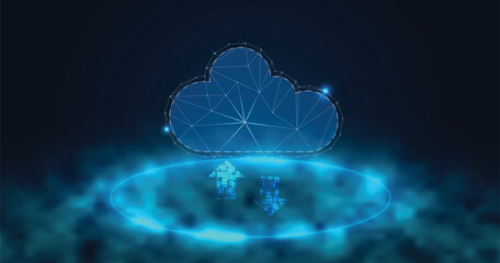 Large vector cloud image set against a deep blue backdrop. The clouds are covered in mist and float atop blue neon lights.