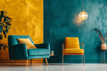 Stylish Interior Design with Blue Velvet Armchair and Yellow Accents