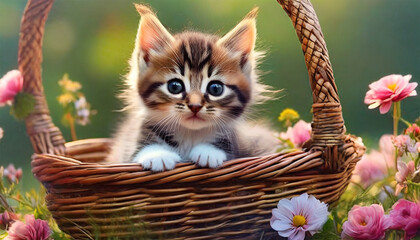 Tiny Adorable Cat in a Basket on the Flowery Ground