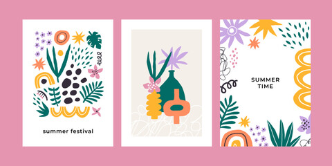 Set of minimalistic posters or cards with tropical leaves and abstract shapes. 