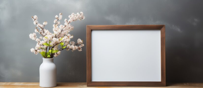 A rectangular picture frame rests on a wooden table beside a vase of colorful flowers, enhancing the room with a touch of nature from the houseplant