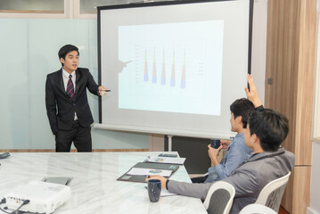 Diverse Office Conference Room Meeting e-Commerce Fintech Growth Statistics to a Group of Investors. Whiteboard with Big Data Analysis