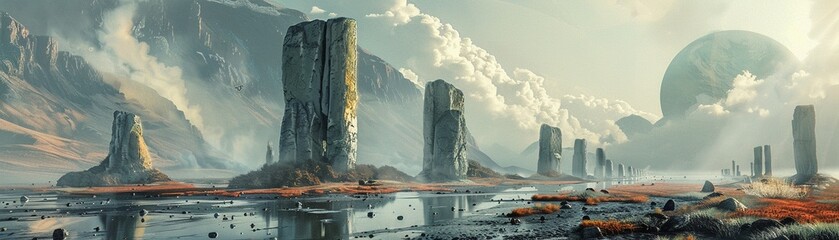 A composition featuring megaliths integrated with modern architecture in a surreal blend of time periods  hyper realistic - obrazy, fototapety, plakaty