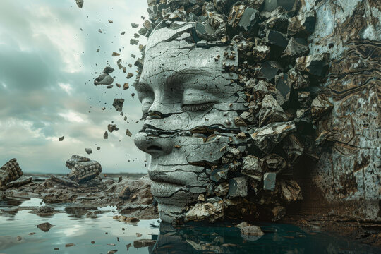 Surreal Crumbling Stone Face Emerging from Water