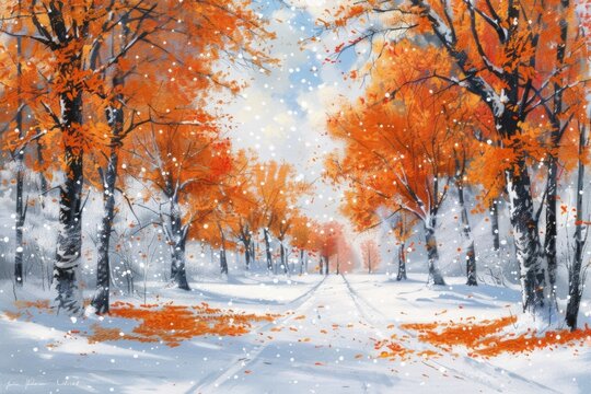 Beautiful drawing of a winter landscape with bright orange autumn trees in the snow.