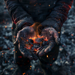 a person is holding a pile of coal in their hands
