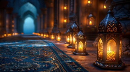 Fototapeta premium Ramadan background. Beautiful lanterns shining in mosque hall, bokeh background
