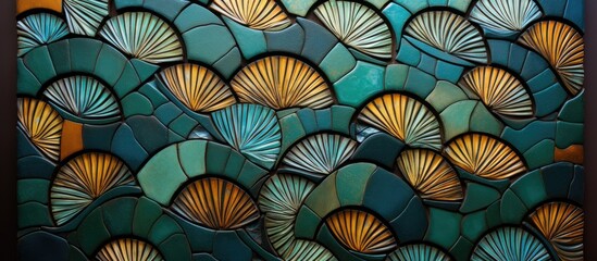 A closeup of a stained glass window depicting a pattern of seashells in electric blue and azure colors, inspired by the symmetry and beauty of nature