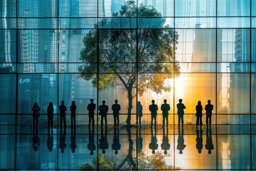 An image capturing silhouetted figures in a business setting with reflective glass and a tree casting reflections, symbolizing teamwork and corporate growth