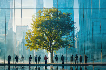 A single tree stands strong in a reflective urban plaza surrounded by business professionals in a...