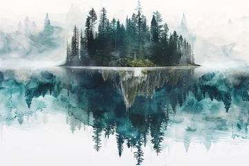 Photo sur Plexiglas Forêt dans le brouillard Mystical Forest Reflection on Serene Lake