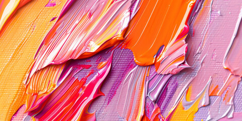 Closeup of vibrant acrylic paint strokes in orange, pink, and purple colors on canvas, with an artistic background. colorful art wall background