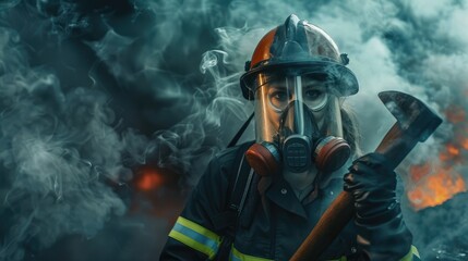 Firefighter woman holding an axe and wearing an oxygen mask indoors surrounded by smoke.
