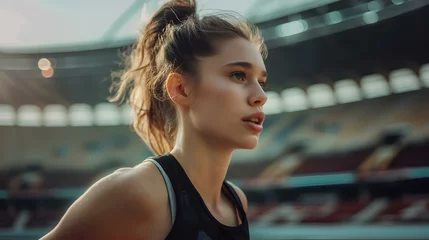 Ingelijste posters Young beautiful athletic woman with light smile jogging in the stadium. generative AI © yj