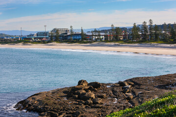 Wollongong Beach and sporting complex, from a rocky peninsula, NSW, Australia.