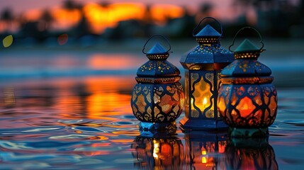Fototapeta na wymiar Ramadan Background. Glowing lanterns over a puddle of water at dusk, bokeh background.