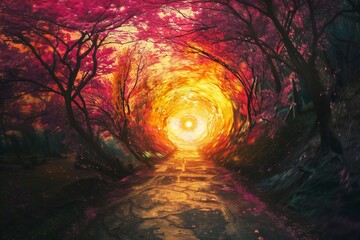 Fototapeta premium Sakura trees tunnel in early spring with sunset Generative Ai 