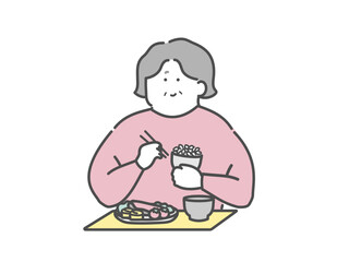 食事をする高齢女性　介護イラスト
