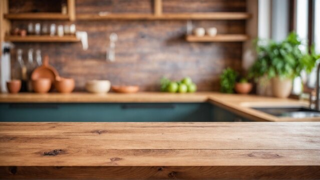 Wooden surface, bar table on blurred kitchen background, empty kitchen surface